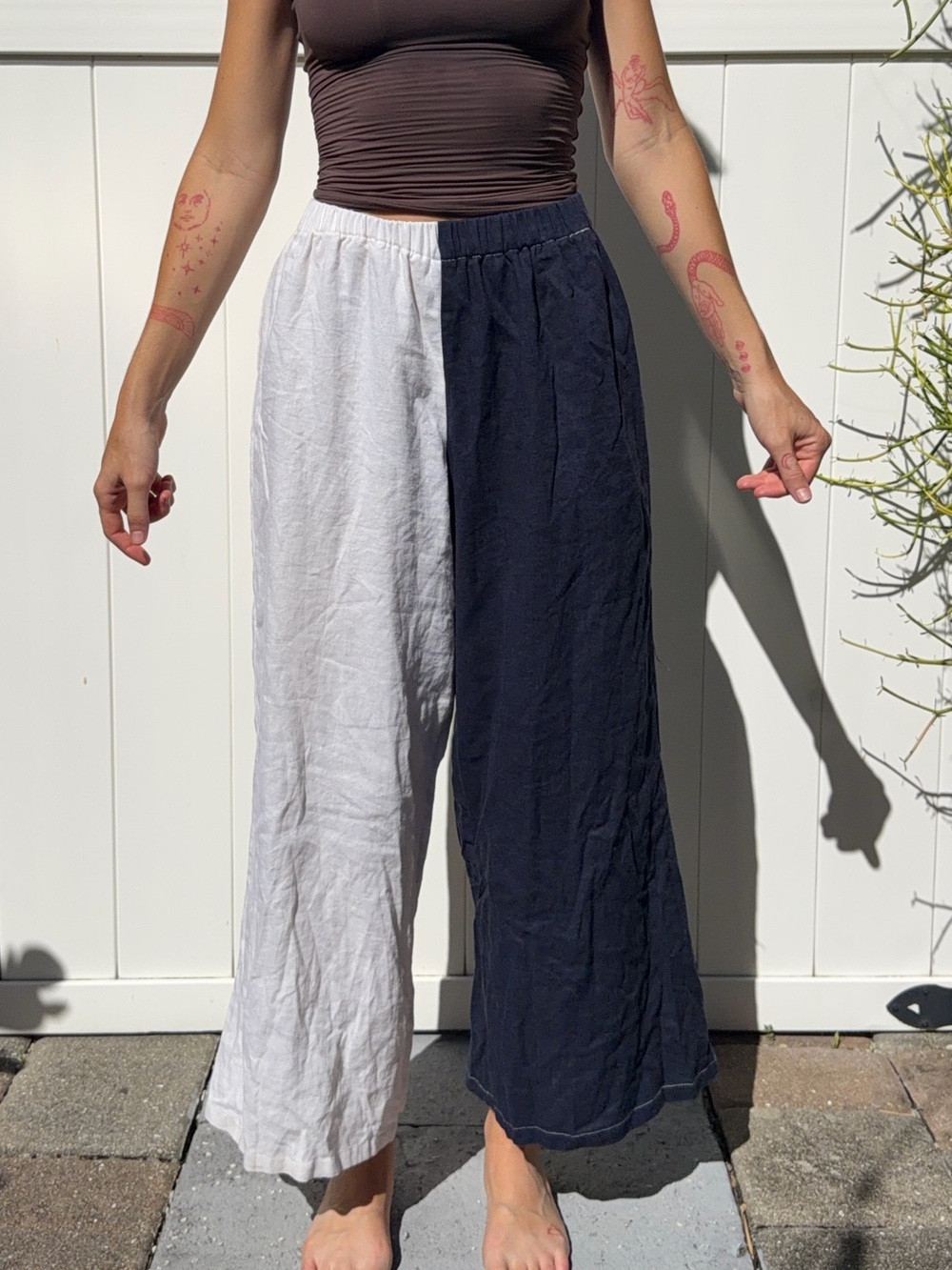 Vintage Two-Tone Wide Leg Linen Blend Pants - Black & White